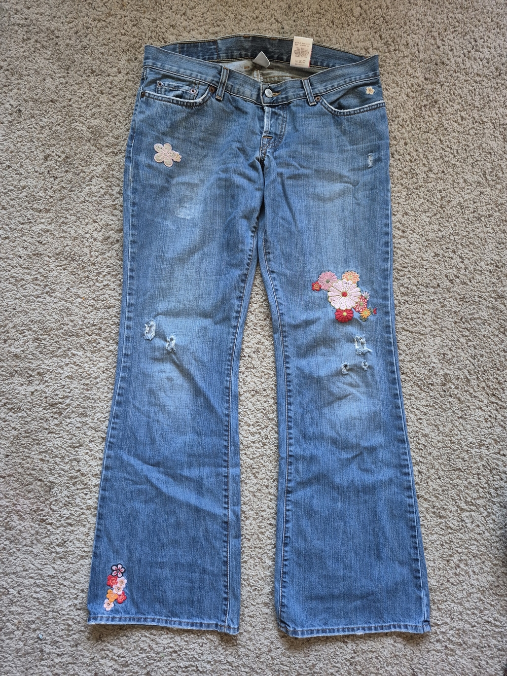 Lucky Brand Blue Flared Jeans with Floral Embroidery
